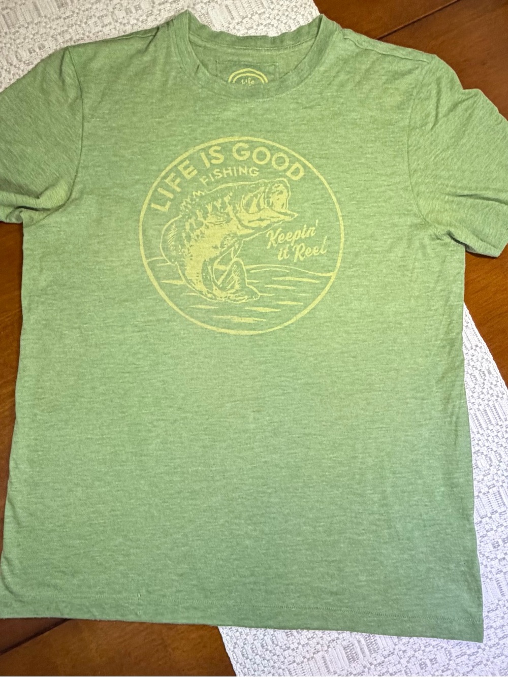Life Is Good Green Fishing Graphic Tee with Yellow Logo